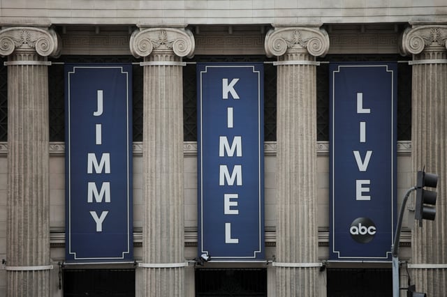 Signs read "Jimmy Kimmel Live" at the El Capitan Entertainment Centre, where "Jimmy Kimmel Live!" is recorded for broadcast, on Hollywood Boulevard in Los Angeles, California, U.S. September 17, 2025.  REUTERS/Daniel Cole