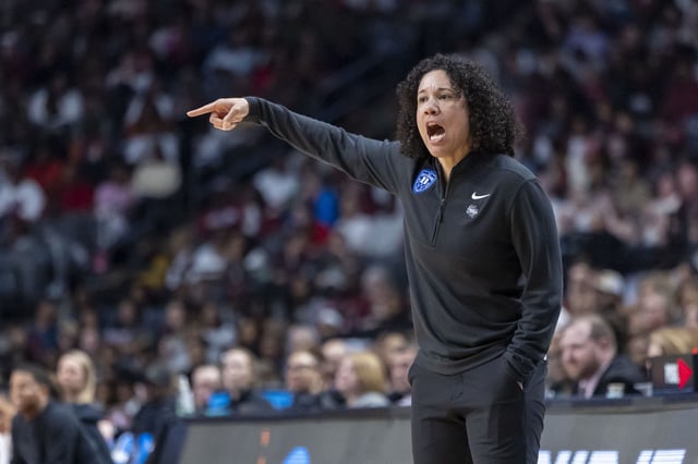 Mar 30, 2025; Birmingham, AL, USA; Duke Blue Devils head coach Kara Lawson coaches her team during the second half of an Elite 8 NCAA Tournament basketball game against the South Carolina Gamecocks at Legacy Arena. Mandatory Credit: Vasha Hunt-Imagn Images/File photo