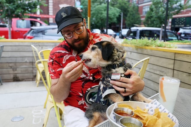 Billy Zureikat sits outdoors with his dog Einstein at Big Star on Damen Avenue in Chicago on, Aug. 19, 2025. Einstein enjoys eating the tortilla chips at Big Star and drinking water from a bowl. Many Chicagoans might be surprised to hear dogs aren’t already allowed in eateries. (Terrence Antonio James/Chicago Tribune)