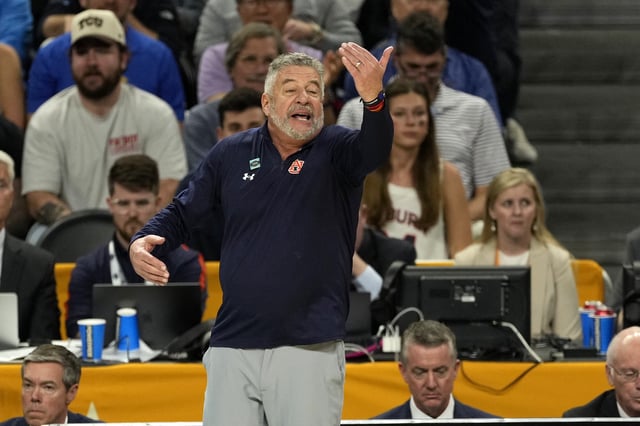 Apr 5, 2025; San Antonio, TX, USA; Auburn Tigers head coach Bruce Pearl reacts against the Florida Gators during the second half in the semifinals of the men's Final Four of the 2025 NCAA Tournament at Alamodome. Mandatory Credit: Scott Wachter-Imagn Images/File photo