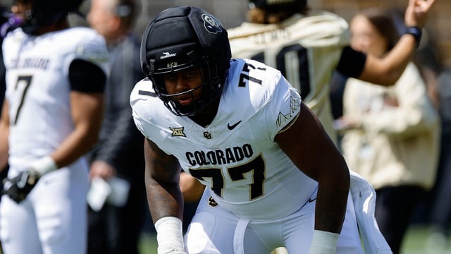 Apr 19, 2025; Boulder, CO, USA; Colorado Buffaloes offensive tackle Jordan Seaton (77) during the spring game at Folsom Field. Mandatory Credit: Isaiah J. Downing-Imagn Images