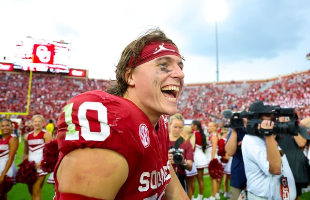 Sep 20, 2025; Norman, Oklahoma, USA; Oklahoma Sooners quarterback John Mateer (10) celebrates after the game against the Auburn Tigers at Gaylord Family-Oklahoma Memorial Stadium. Mandatory Credit: Kevin Jairaj-Imagn Images