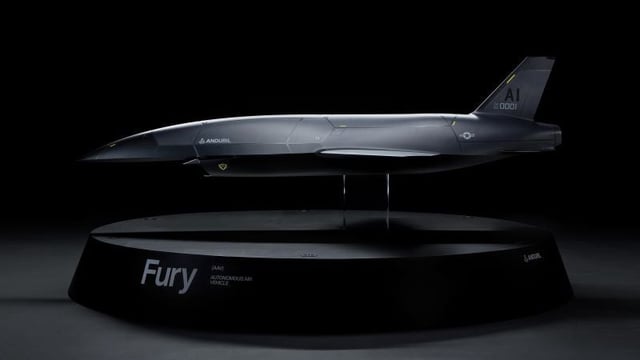 Pictured is a model of Anduril Industries' Fury, the company's offering for the U.S. Air Force's Collaborative Combat Aircraft program (Anduril Industries Photo)