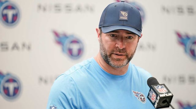 Tennessee Titans coach Brian Callahan takes questions after their 41-20 loss against the Indianapolis Colts at Nissan Stadium in Nashville, Tenn., Sunday, Sept. 14, 2025.