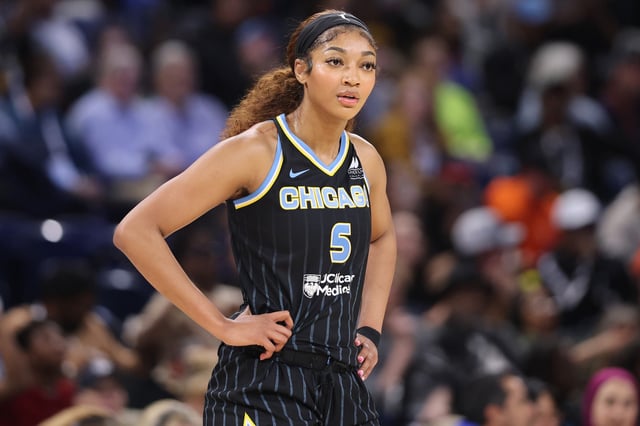 Angel Reese #5 of the Chicago Sky reacts against the New York Liberty during the first half at Wintrust Arena on May 22, 2025 in Chicago, Illinois.