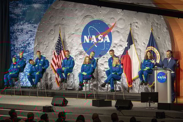US Sen. Ted Cruz, right, makes comments as the astronaut candidate class of 2025 is introduced during a ceremony at the NASA Johnson Space Center in Houston, Monday, Sept. 22, 2025.