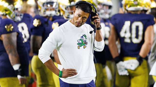 Notre Dame head coach Marcus Freeman looks on in the second half of a NCAA football game against Texas A&M at Notre Dame Stadium, © MICHAEL CLUBB/SOUTH BEND TRIBUNE