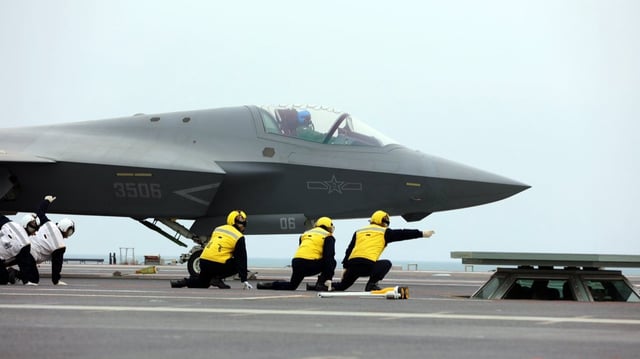 A J-35 prepares to be launched on the Fujian aircraft carrier. (Image credit: ‘China Navy’ on X)