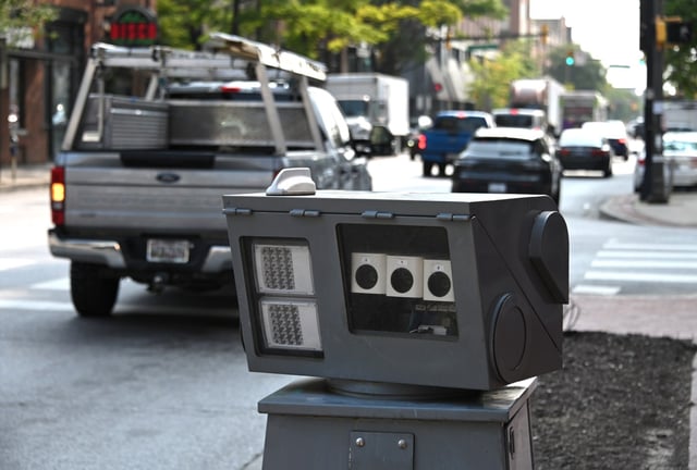 Speed camera along Fleet Street near the Exeter Street intersection in Harbor East. (Lloyd Fox/Staff)