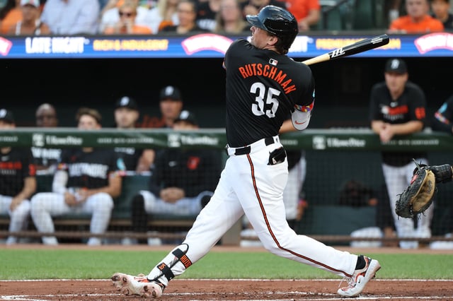 Aug 8, 2025; Baltimore, Maryland, USA; Baltimore Orioles catcher Adley Rutschman (35) hits a home run during the first inning against Oakland at Oriole Park at Camden Yards. Mandatory Credit: Daniel Kucin Jr.-Imagn Images/File photo