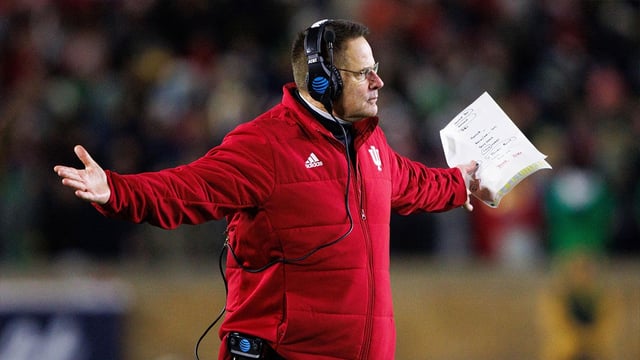 Indiana head coach Curt Cignetti holds his arms out during the first round of the College Football Playoff between Notre Dame and Indiana at Notre Dame Stadium on Friday, Dec. 20, 2024, in South Bend. Mandatory Credit: © MICHAEL CLUBB/SOUTH BEND TRIBUNE / USA TODAY NETWORK via Imagn Images