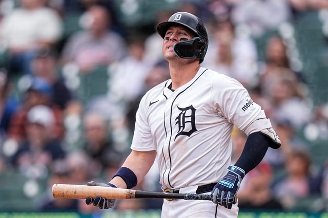 Detroit Tigers first base Spencer Torkelson reacts after struck out against Atlanta Braves during the eighth inning at Comerica Park in Detroit on Sunday, Sept. 21, 2025.