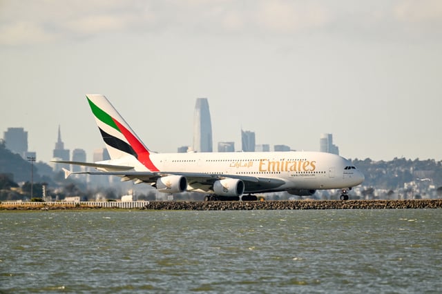 FILE - An Emirates Airlines A-380 plane prepares for takeoff at San Francisco International Airport in June 2023.