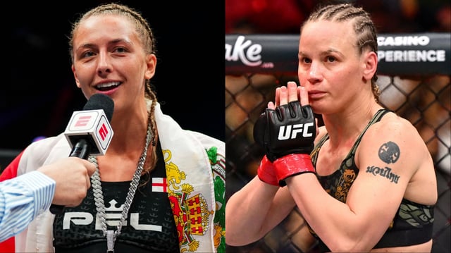 Dakota Ditcheva speaks during a PFL post-fight interview, opposite Valentina Shevchenko in the cage for her fight at UFC 315. Credit: Cooper Neill/Getty Images/Minas Panagiotakis/Getty Images