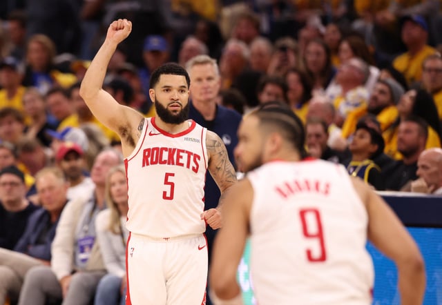 Apr 28, 2025; San Francisco, California, USA; Houston Rockets guard Fred VanVleet (5) gestures after scoring a basket against the Golden State Warriors during the fourth quarter of game four of the 2025 NBA Playoffs first round at Chase Center. Mandatory Credit: Kelley L Cox-Imagn Images/File photo