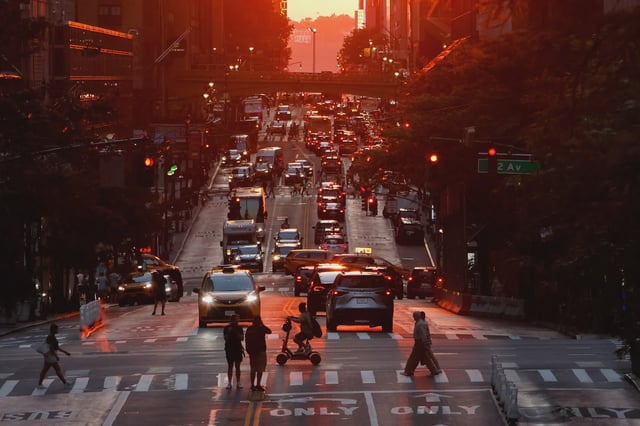 Traffic moves along 42nd Street as the sun sets on July 5, 2025, in New York City.