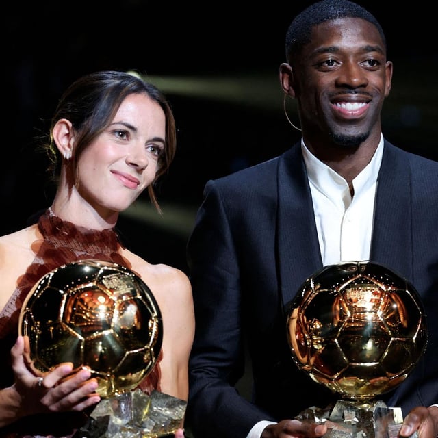Ousmane Dembele und Aitana Bonmati mit den Ballon d'Or-Trophäen