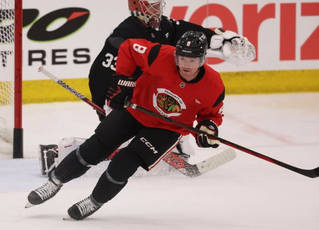 Center Ryan Donato practices Thursday, Sept. 18, 2025, as the Blackhawks begin training camp at Fifth Third Arena. (Brian Cassella/Chicago Tribune)