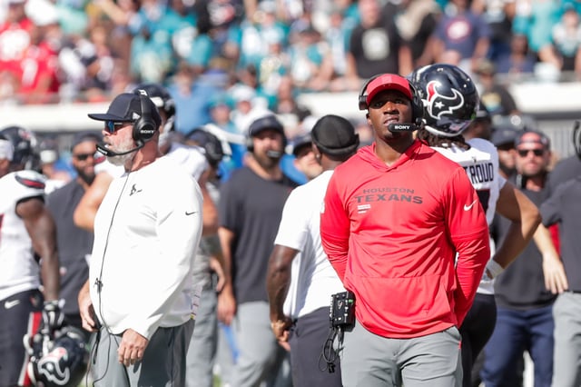 Sep 21, 2025; Jacksonville, Florida, USA; Houston Texans head coach DeMeco Ryans watches the replay of an interception in the 4th quarter against the Jacksonville Jaguars at EverBank Stadium. Mandatory Credit: Travis Register-Imagn Images