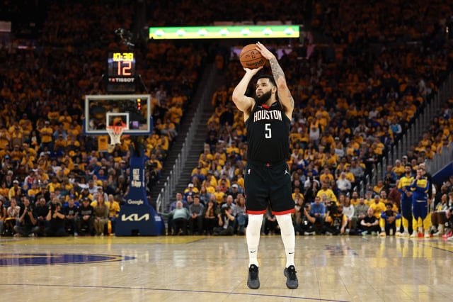 SAN FRANCISCO, CALIFORNIA - APRIL 26: Fred VanVleet #5 of the Houston Rockets shoots the ball against the Golden State Warriors in Game Three of the Western Conference First Round NBA Playoffs at Chase Center on April 26, 2025 in San Francisco, California.