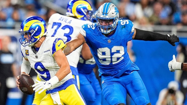 Detroit Lions defensive end Marcus Davenport (92) pressures Los Angeles Rams quarterback Matthew Stafford (9) during the first half at Ford Field in Detroit on Sunday, September 8, 2024. Junfu Han / USA TODAY NETWORK