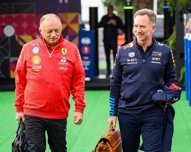 Scuderia Ferrari team principal Fred Vasseur and Oracle Red Bull Racing Team Principal Christian Horner arrive in the paddock together during qualifying ahead of the F1 Grand Prix of Mexico at Autodromo Hermanos Rodriguez on October 26, 2024 in Mexico City, Mexico.