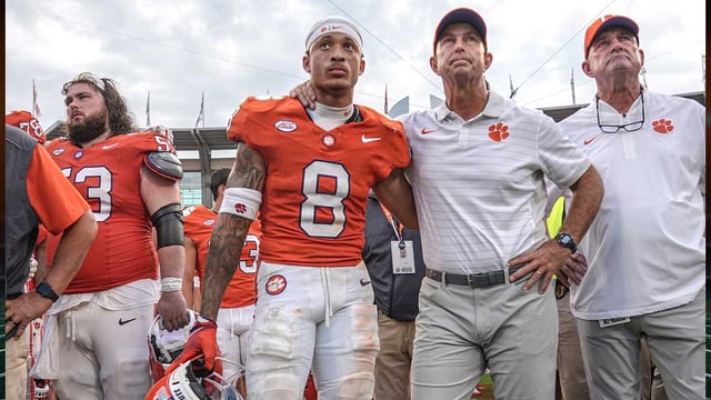 Clemson Tigers cornerback Avieon Terrell (8) stands with head coach Dabo Swinney after losing to the Syracuse Orange at Memorial Stadium. Mandatory Credit: Ken Ruinard/GREENVILLE NEWS-USA TODAY Network via Imagn Images
