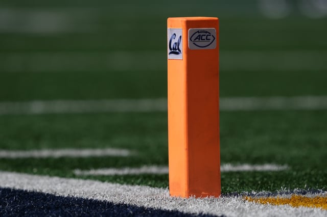 Sep 6, 2025; Berkeley, California, USA; The California Golden Bears and Atlantic Coast Conference logos are affixed to an end zone pylon during the first quarter against the Texas Southern Tigers at California Memorial Stadium. Mandatory Credit: Darren Yamashita-Imagn Images/File photo