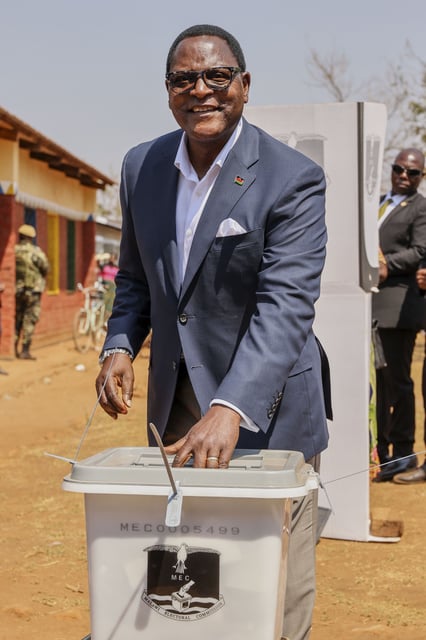 Malawi's President Lazarus Chakwera casting his vote at Malembo polling station in Lilongwe, Malawi, Tuesday, Sept. 16, 2025. (AP Photo/Govati Nyirenda)