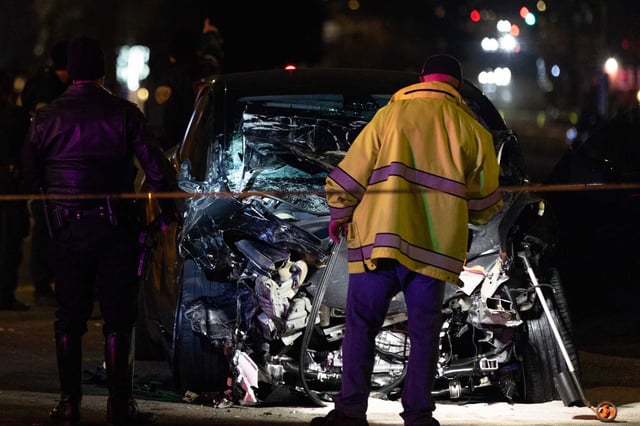 A Tesla rests at a crash scene at Sixth and Harrison Streets in San Francisco on Sunday, Jan. 19, 2025. San Francisco prosecutors filed criminal charges against the man who was driving the Tesla at the time of the crash, which killed a man. 