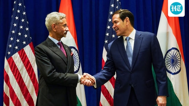 U.S. Secretary of State Marco Rubio shakes hands with Indian External Affairs Minister S. Jaishankar at the Lotte New York Palace Hotel on the sidelines of the 80th United Nations General Assembly at the United Nations headquarters, Monday