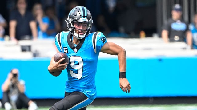 Sep 21, 2025; Charlotte, North Carolina, USA; Carolina Panthers quarterback Bryce Young (9) runs in the first quarter at Bank of America Stadium. Mandatory Credit: Bob Donnan-Imagn Images
