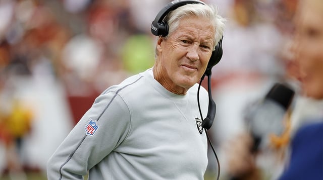 Sep 21, 2025; Landover, Maryland, USA; The Las Vegas Raiders head coach Pete Carroll looks on from the sidelines during the first half against the Washington Commanders at Northwest Stadium. Mandatory Credit: Amber Searls-Imagn Images