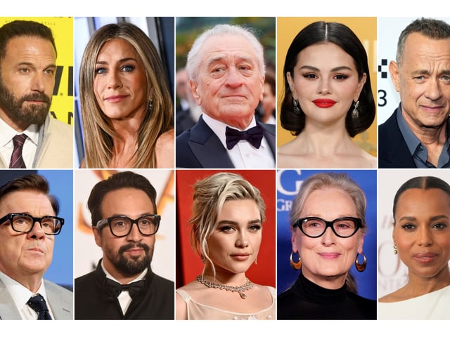 This combination of photos show celebrities, top row from left, Ben Affleck, Jennifer Aniston, Robert De Niro, Selena Gomez, Tom Hanks, bottom row from left, Nathan Lane, Lin-Manuel Miranda, Florence Pugh, Meryl Streep and Kerry Washington. (AP Photo)