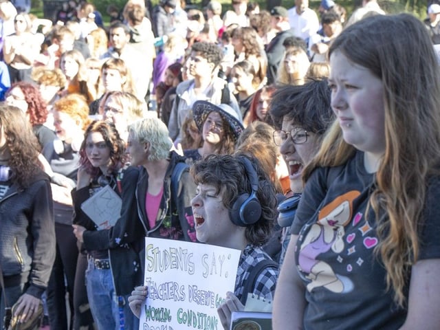  Hundreds of students walked out of classrooms on Monday, September 22, 2025 to rally at the Alberta Legislature as a teachers strike looms.