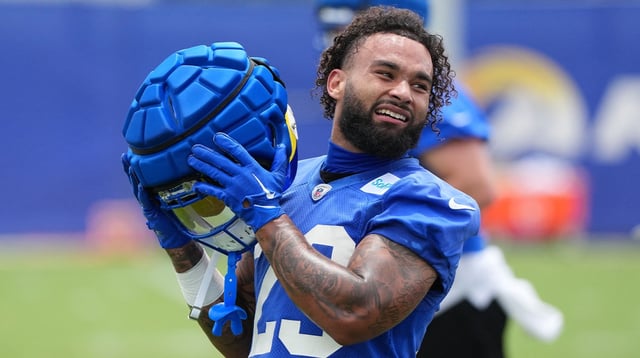 May 28, 2025; Woodland Hills, CA, USA; Los Angeles Rams running back Kyren Williams (23) takes a break during organized team activities at Rams Practice Facility. Mandatory Credit: Kirby Lee-Imagn Images