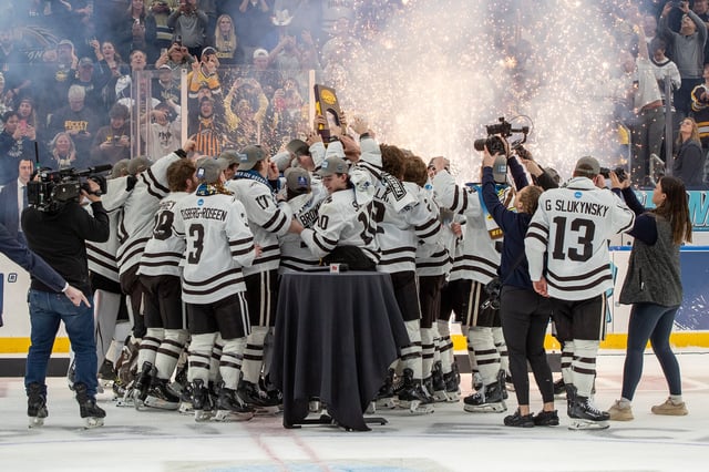 Western Michigan celebrates the 2025 national championship last April in St. Louis (photo: Jim Rosvold).