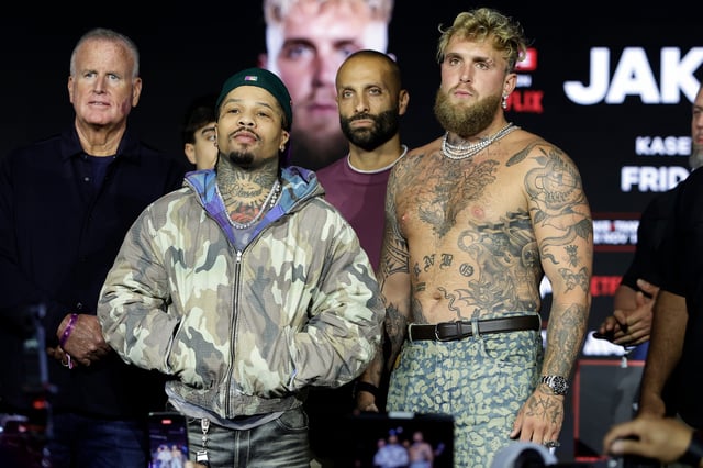 Jake Paul, right, faces off with Gervonta "Tank" Davis during a press conference at Palladium Times Square in New York on Sept. 22, 2025.