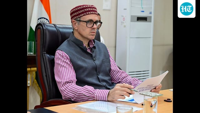 Jammu and Kashmir chief minister Omar Abdullah chairs a meeting in Srinagar on Monday. (PTI)