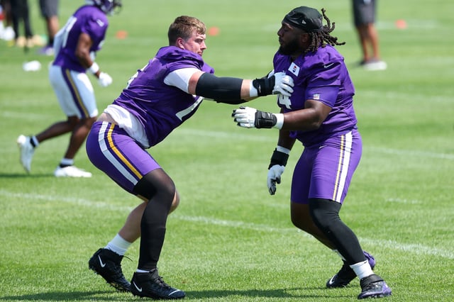 Jul 29, 2025; Eagan, MN, USA; Minnesota Vikings guard Donovan Jackson (74) and Minnesota Vikings guard Will Fries (76) takes part in drills during the teams training camp at the Minnesota Vikings Training Facility. Mandatory Credit: Matt Krohn-Imagn Images/File Photo
