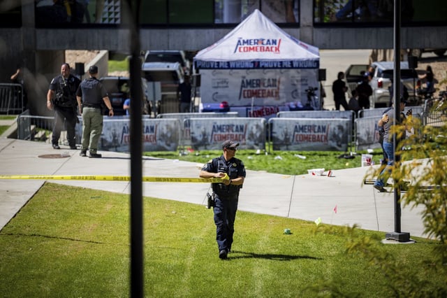 Law enforcement tapes off an area after Charlie Kirk, the CEO and co-founder of the conservative youth organization Turning Point USA, was shot at the Utah Valley University, Sept. 10, 2025, in Orem, Utah. 