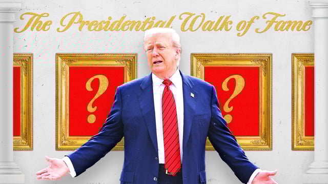 A photo illustration of President Donald Trump standing in front of "The Presidential Walk of Fame."