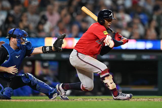 Sep 19, 2025; Detroit, Michigan, USA;  Atlanta Braves second baseman Ozzie Albies (1) checks his swing on a pitch against the Detroit Tigers in the fourth inning at Comerica Park. Mandatory Credit: Lon Horwedel-Imagn Images/File Photo