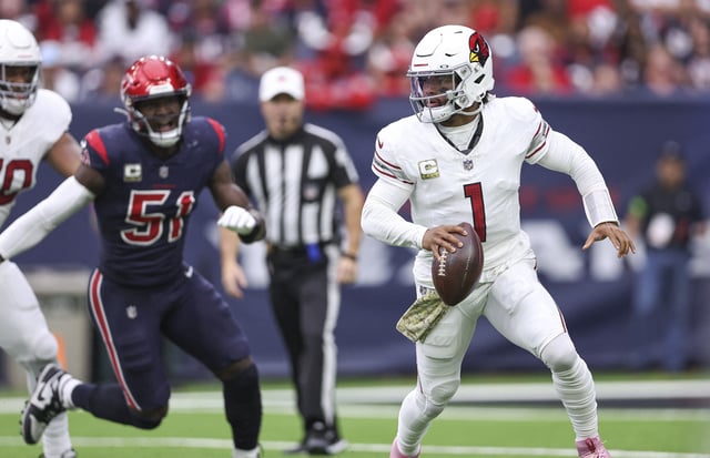 Nov 19, 2023; Houston, Texas, USA; Houston Texans safety Jimmie Ward (1) runs with the ball during the first quarter against the Houston Texans at NRG Stadium. Mandatory Credit: Troy Taormina-USA TODAY Sports/File Photo