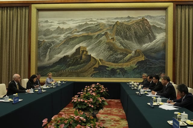 Chinese Vice Premier He Lifeng, second from right, speaks with Rep. Adam Smith, D-Wash, left, as he leads a bipartisan group of U.S. lawmakers at the Great Hall of the People in Beijing, China, Monday, Sept. 22, 2025. (AP Photo/Mahesh Kumar A., Pool)