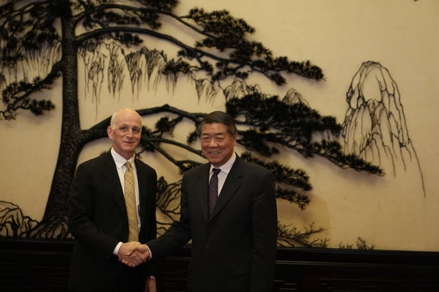 Rep. Adam Smith, D-Wash, left, shakes hands with Chinese Vice Premier He Lifeng as he leads a bipartisan group of U.S. lawmakers for a meeting at the Great Hall of the People in Beijing, China, Monday, Sept. 22, 2025. (AP Photo/Mahesh Kumar A., Pool)