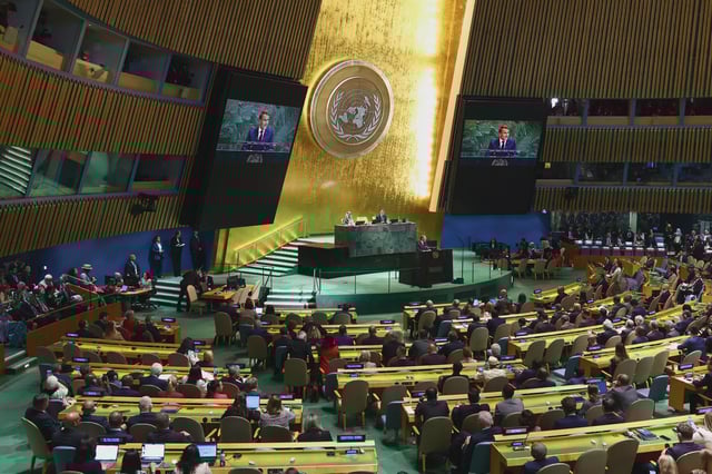 President Emmanuel Macron of France speaking at the United Nations General Assembly hall on Monday.