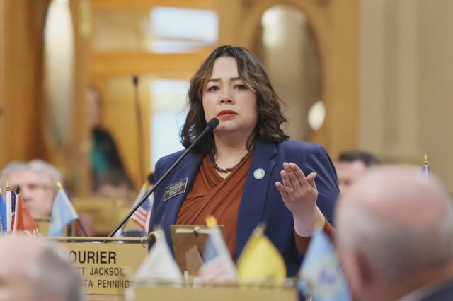 Rep. Peri Pourier, Rapid City, speaks on the House floor on March 3, 2025. (Makenzie Huber/South Dakota Searchlight)
