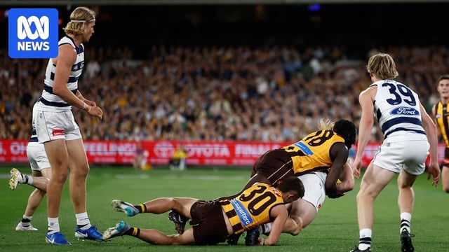 A Hawthorn player tackles a Geelong player from behind as they fall to the ground.