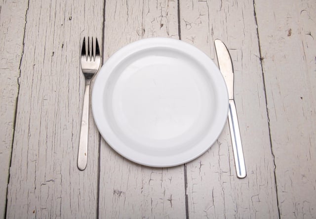 Stock image/file photo: A empty plain white plate and cutlery.